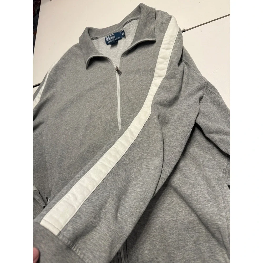 Polo Ralph Lauren Mens XXL Grey Full Zip Track Jacket White Sleeve Stripe Pony